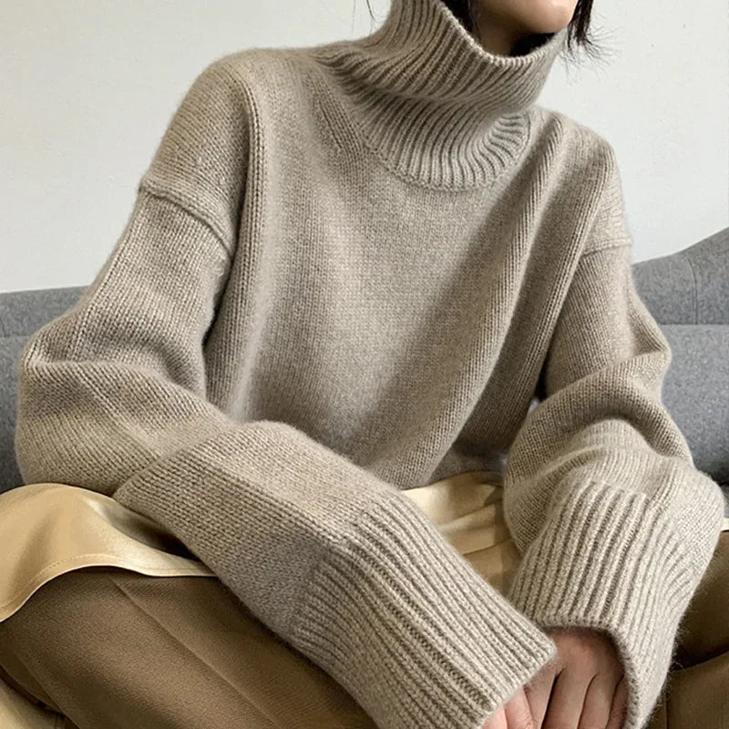 Women’s Oversize Turtleneck Sweater – Long Sleeve Knitted Pullover Autumn Winter Knitwear