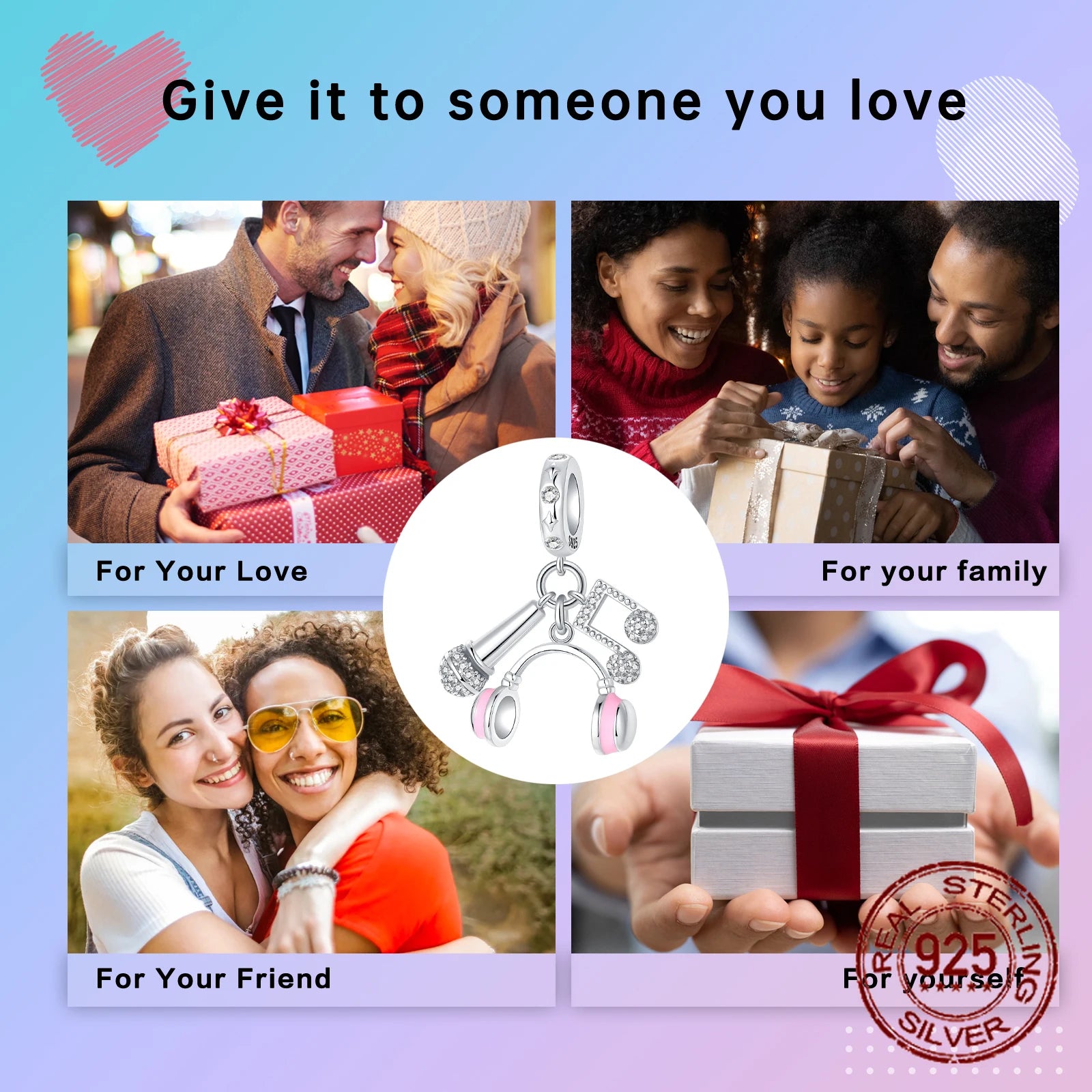 925 Sterling Silver Pink Earphones & Microphone Music Note Pendant Charm – Women’s DIY Bracelet Jewelry Gift