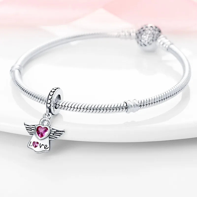 S925 Silver Angel Baby Charms | Heart Shape Wings Dangle Beads Fit Bracelet & Necklace