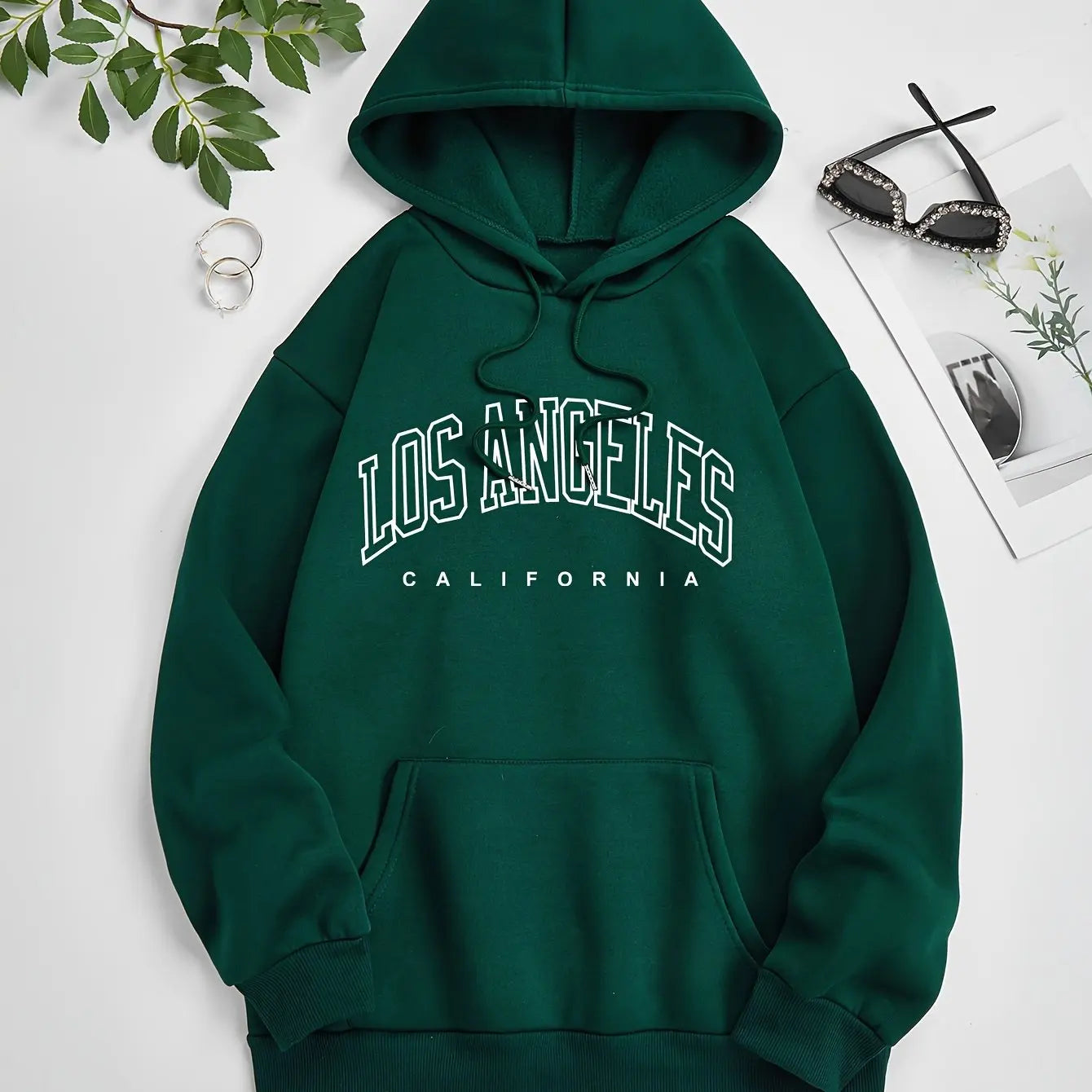 Women’s Los Angeles Print Fleece Hoodie | Warm Casual Sports Sweatshirt | Autumn Winter Loose Fit with Pocket