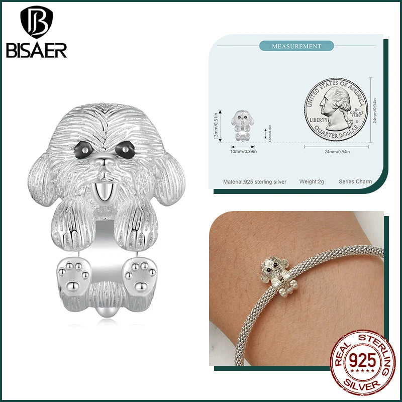 BISAER 925 Sterling Silver Dog Charm | Cute Dachshund Pet Bead Pendant for Women’s DIY Bracelet Jewelry