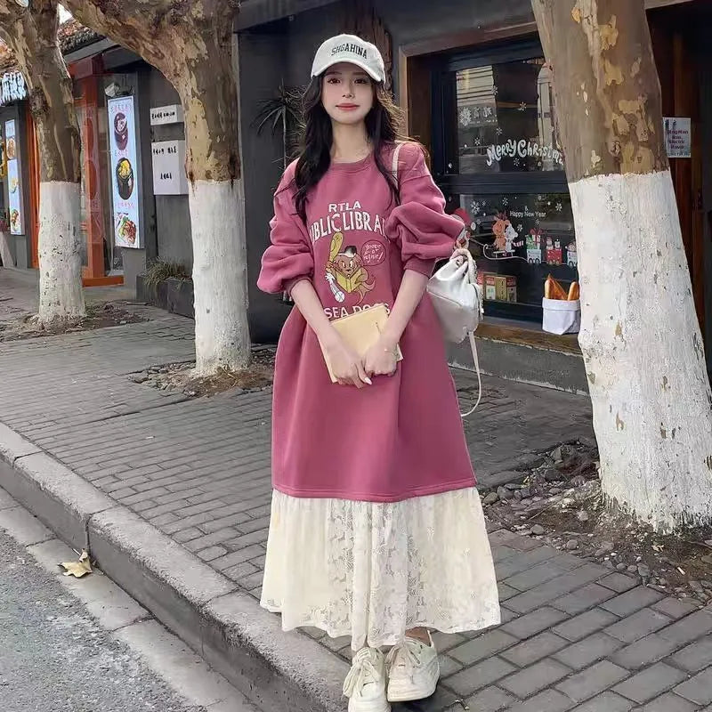Sweet School Style Pink Lace Sweatshirt Dress – High Waist A-Line Cute Casual Women’s Fashion