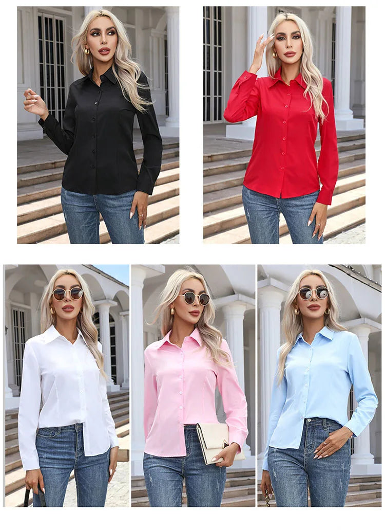 Women’s Solid Color Long Sleeve Shirt – Spring Autumn Casual Turn-Down Collar Loose Top
