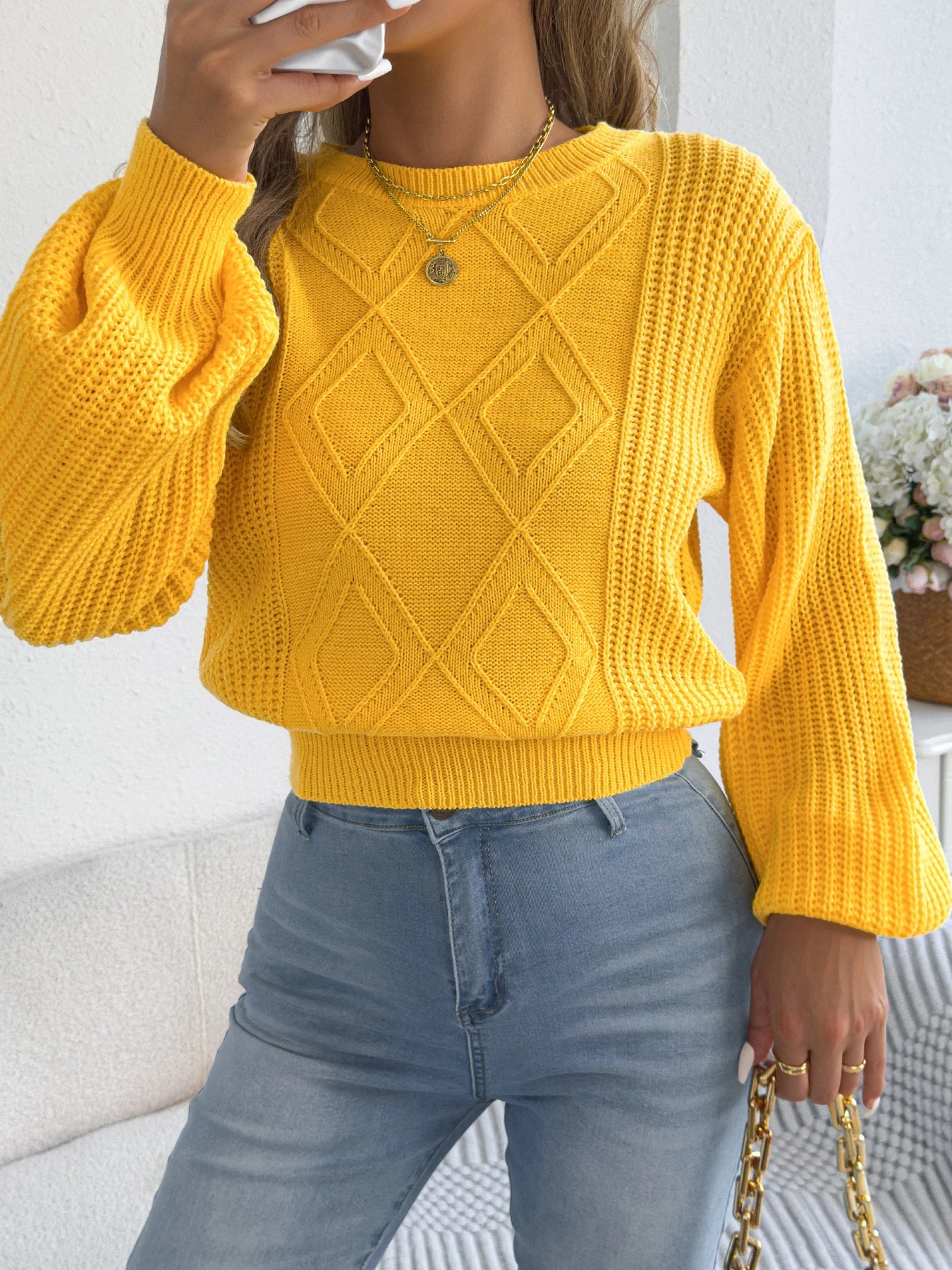 Women’s Round Neck Lantern Sleeve Knitted Sweater – Solid Color Autumn Winter 2025 Knitwear (Yellow, Red, Khaki)