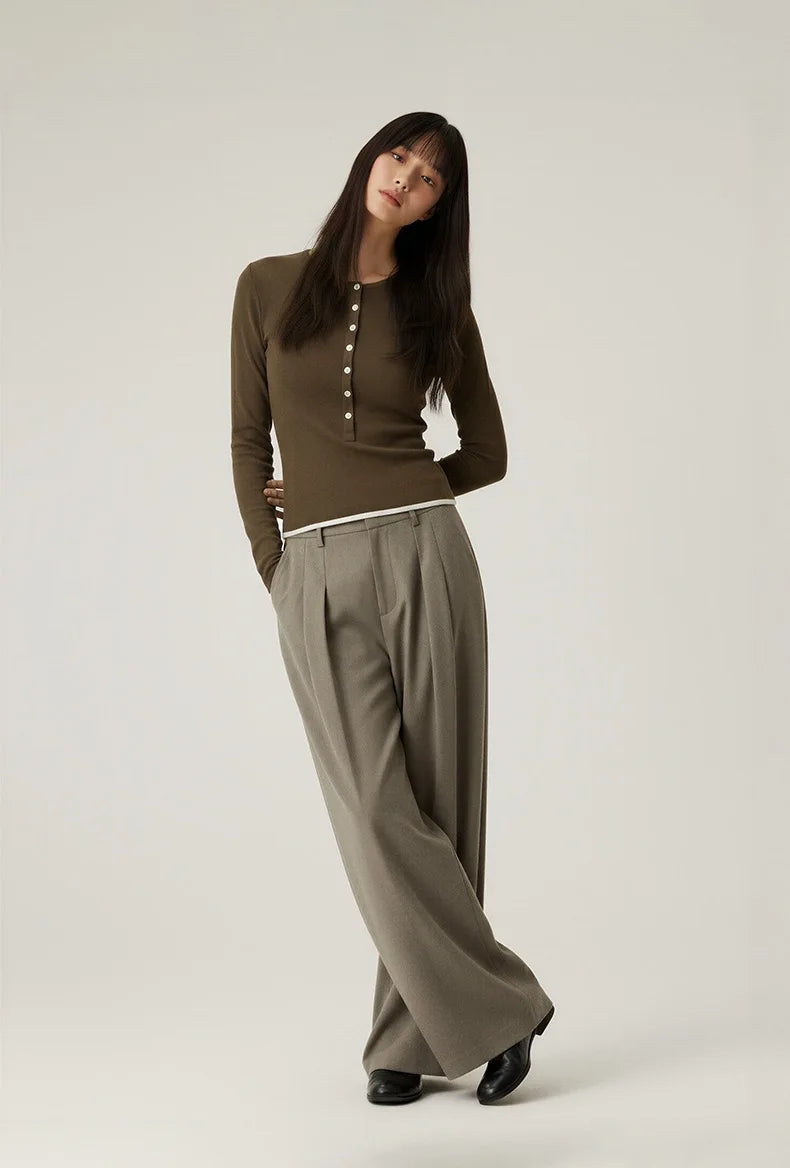 Women’s Casual Henley Neck Long Sleeve T-Shirt – Minimalist Solid Skinny Lenzing Lyocell Top