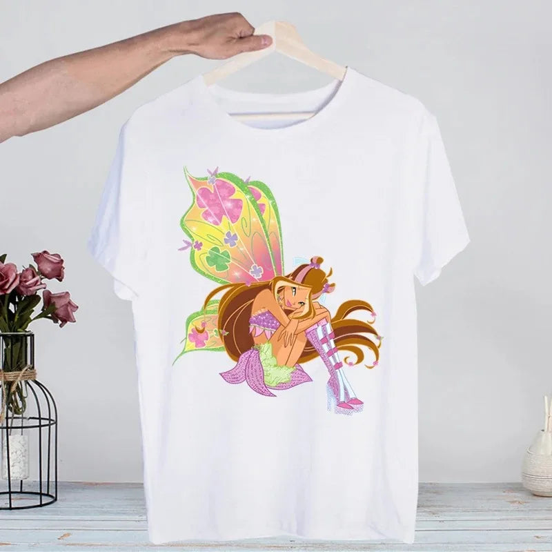 Butterfly Fairy Graphic T-Shirt | Women’s 90s Trend White Short Sleeve Tee | Casual Printed Top