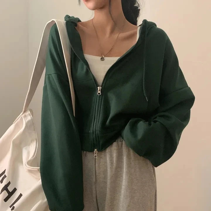 Chic Early Autumn Casual Long Sleeve Hoodie – Double Zipper Loose Versatile Cotton Pullover | Pure Color Commute Wear