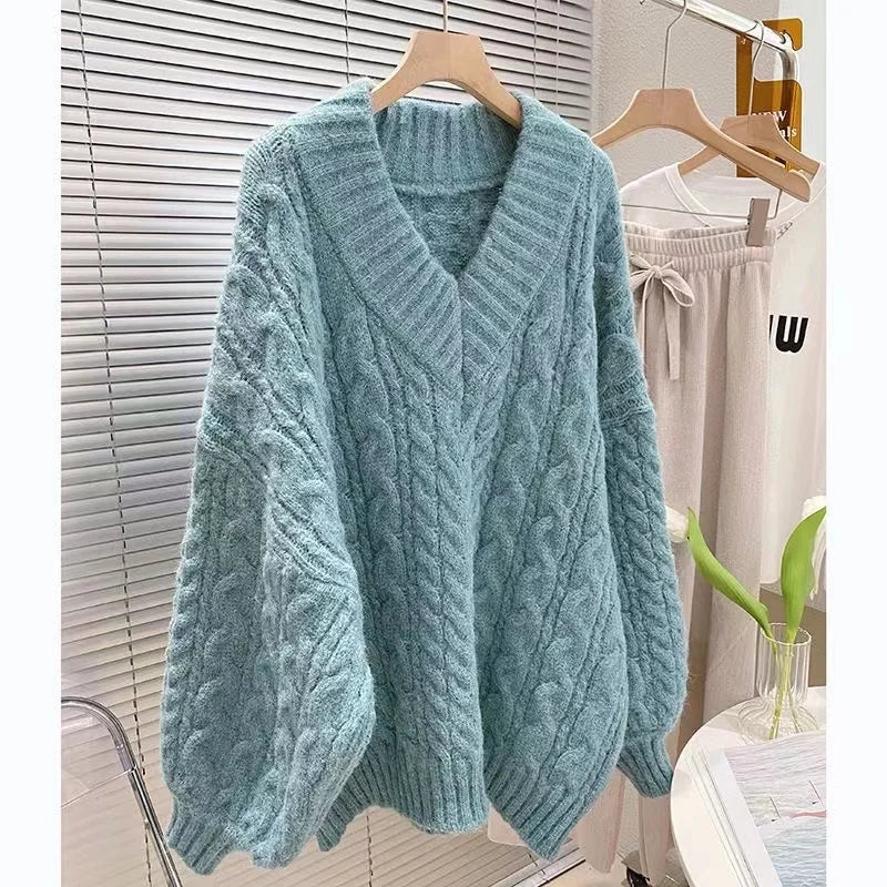 Women's V-Ne Thiened Twisted Sweater Loose Autumn Winter Outerwear Lazy Sle Design Soft Knitted irt Long Sve Top
