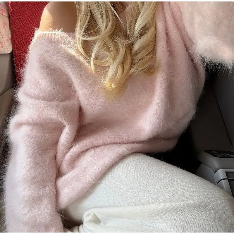 Women’s Off-Shoulder Mohair Sweater | Elegant Loose Knit Pullover for Autumn Fashion 2025