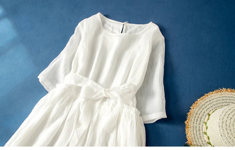 Women’s Summer Lightweight Cotton Dress – Long Sleeve Loose Waist A-Line Retro Dress with Belted Splice