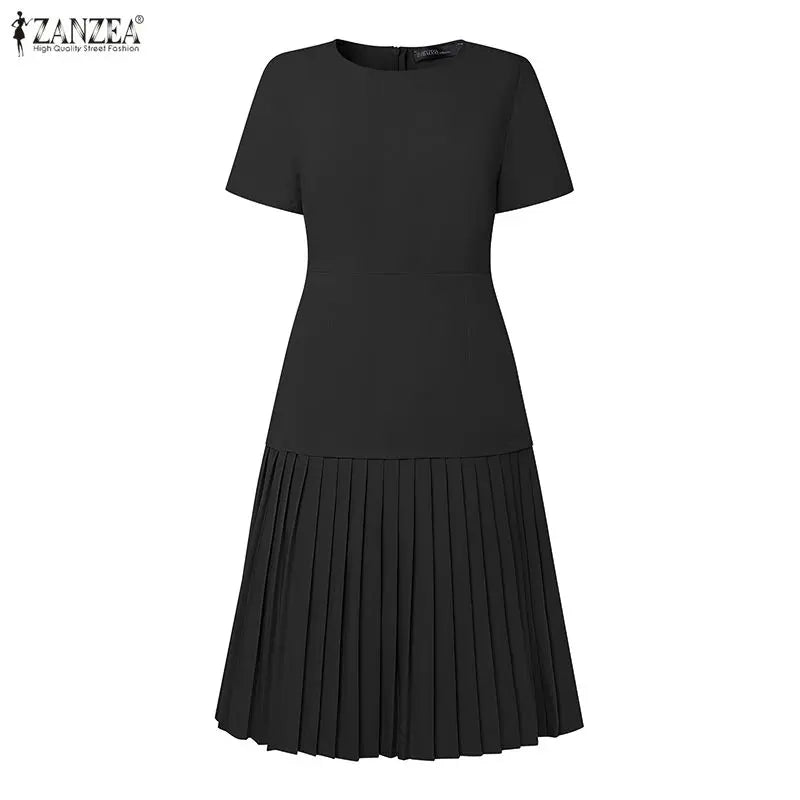 Women Pleated Dress 👗 Elegant O-Neck Short Sleeve Fitted Waist A-Line Knee-Length Dress 🌸 ZANZEA Fashion