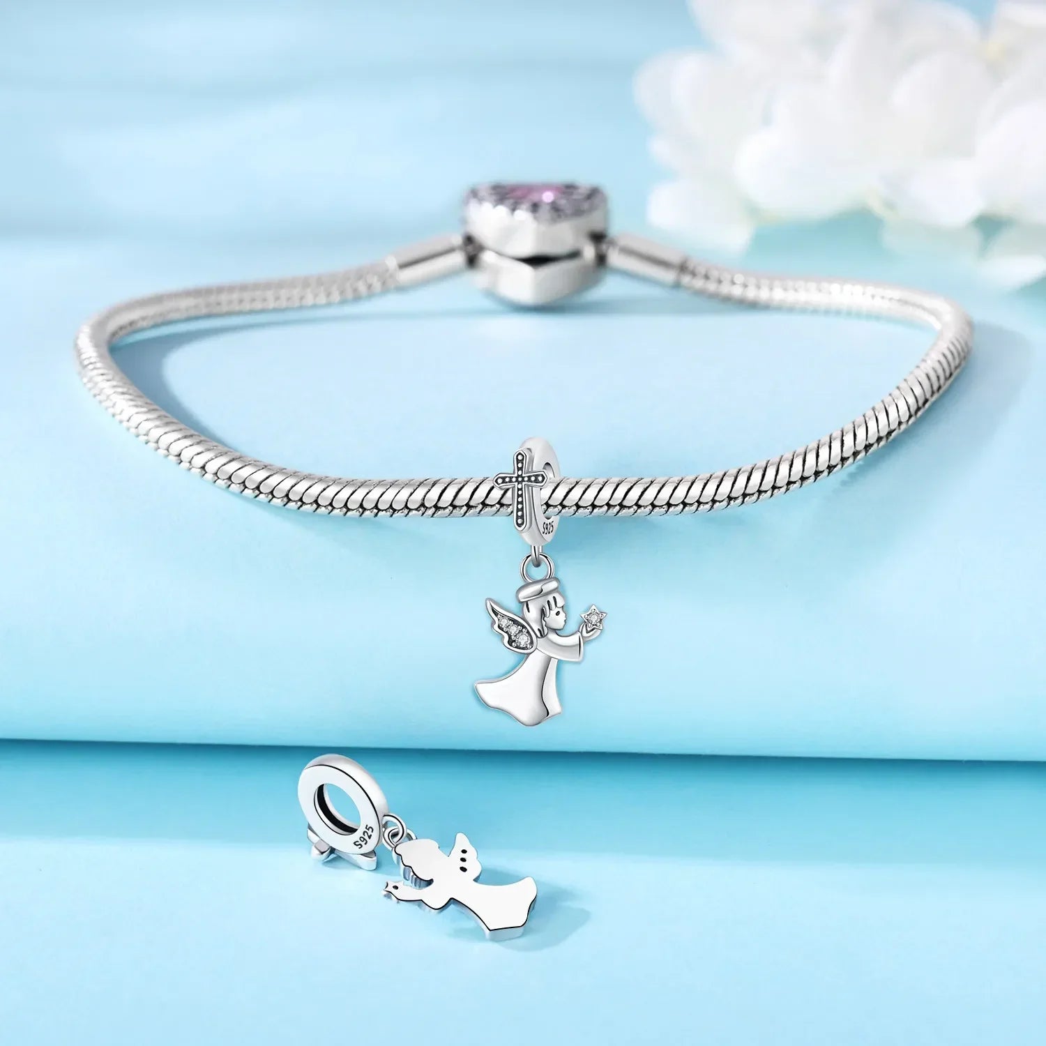 925 Sterling Silver Angel Cross Heart Charms | Fit Pandora Bracelet | Women’s DIY Jewelry Gift