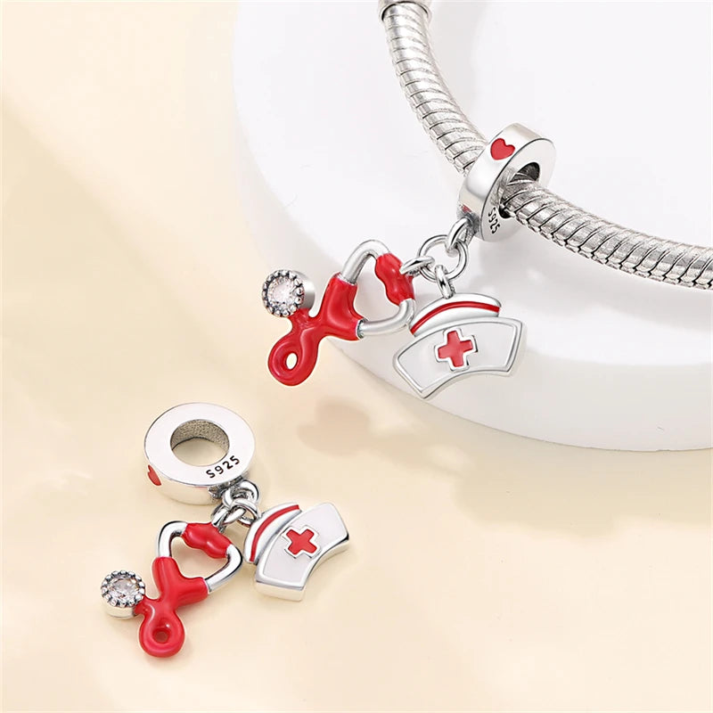 Doctor Nurse 925 Sterling Silver Charms Beads | Original Trendy Medical Pendant for DIY Bracelet Jewelry