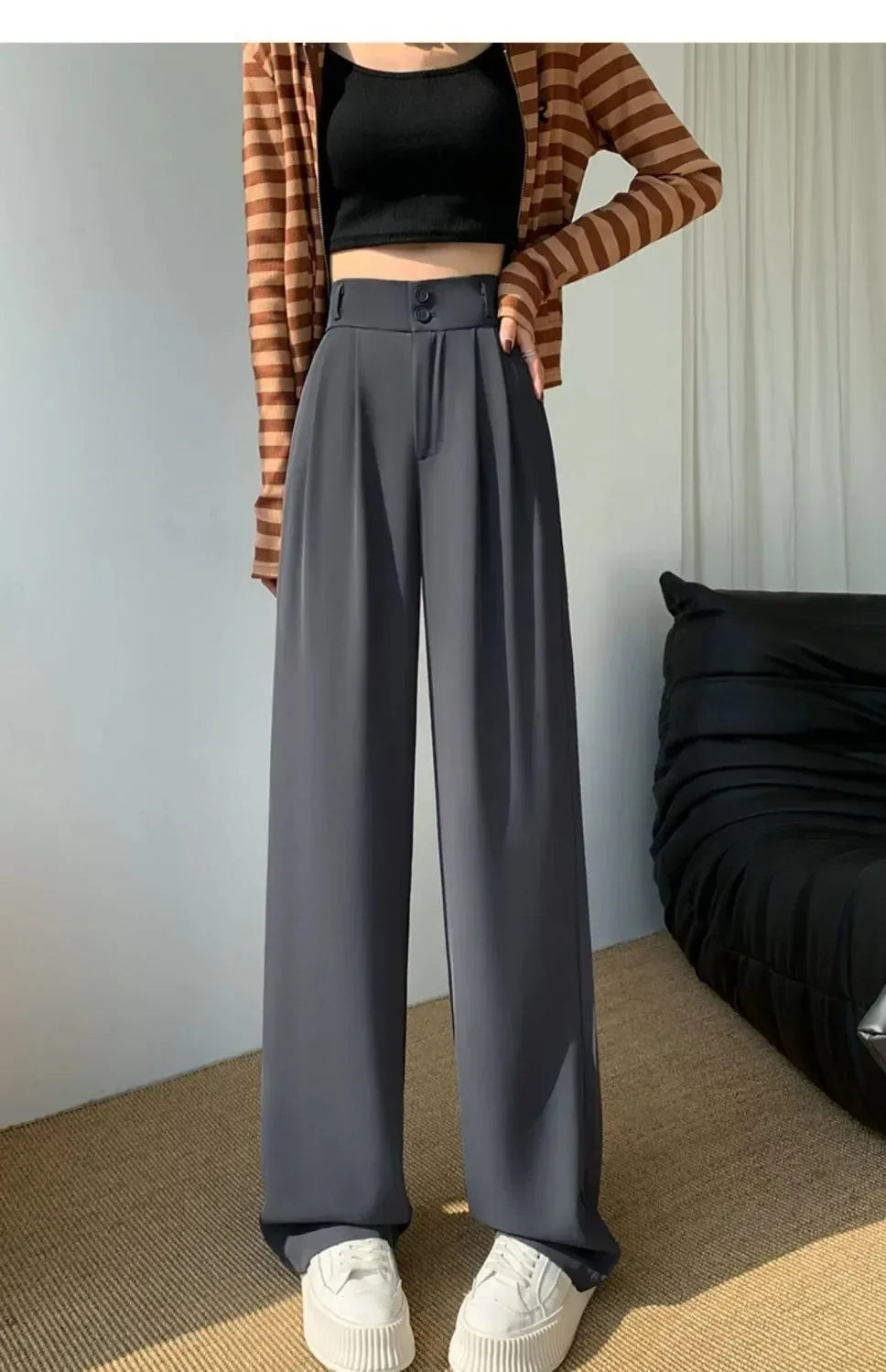 Elegant Wide Leg Pants | Women’s Korean Style High Waist Black Baggy Trousers