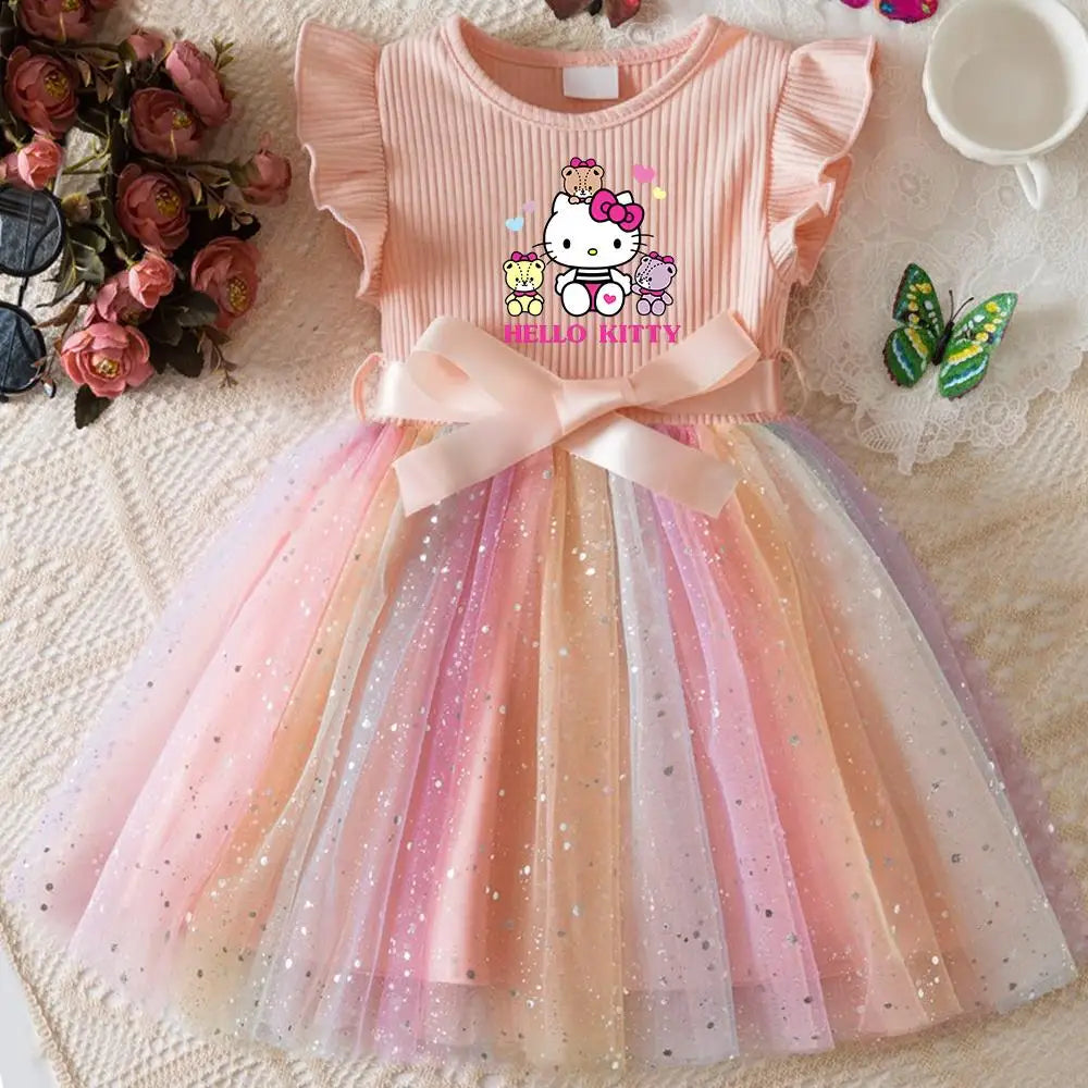 Hello Kitty Flying Sleeves Bow Sequin Princess Dress for Girls | Birthday Party Tutu Dress | Fluffy Baby Girl Dress 1–5 Years
