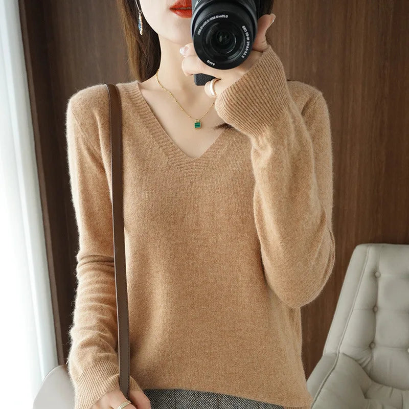 2025 Women’s V-Neck Knitted Sweater | Slim Fit Soft Knit Pullover for Autumn & Winter