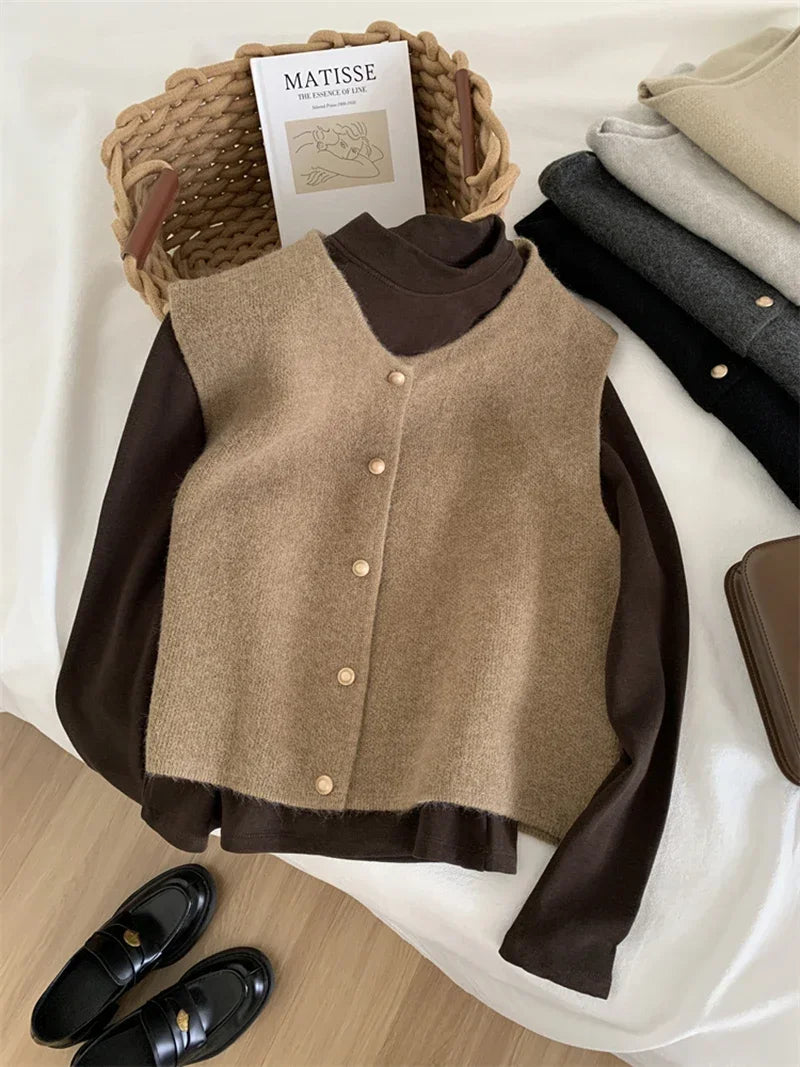 2025 Women’s Preppy Knitted Sweater Vest | Chic Vintage Elegant Waistcoat for Autumn & Winter