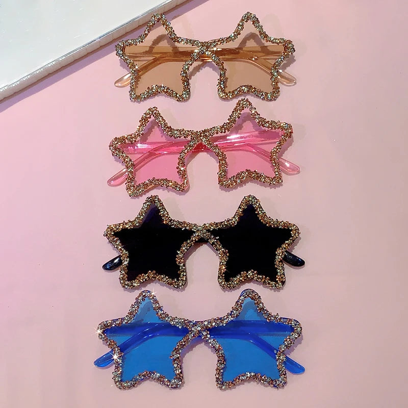 KAMMPT Chic Stars Design Pink Shades – Women Rhinestone Shiny Trendy Sun Glasses | Holiday & Beach INS Brand