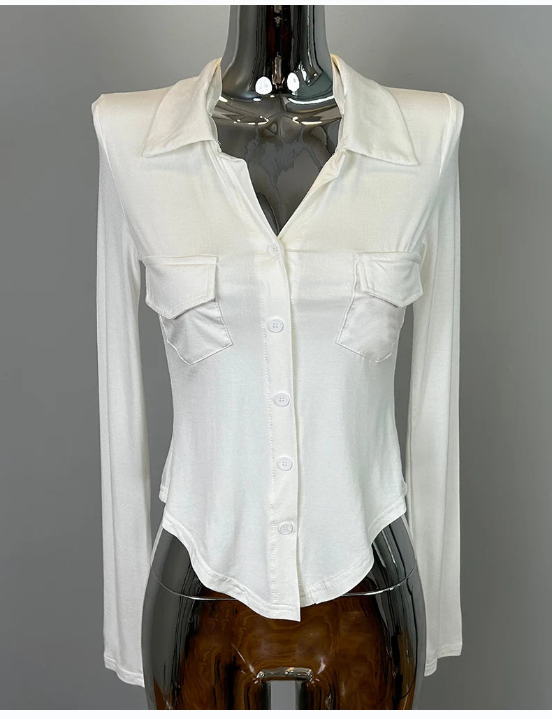 Sexy Button-Up Slim Fit Blouse – Women’s Early Autumn Korean Style Double Pocket Swing Top