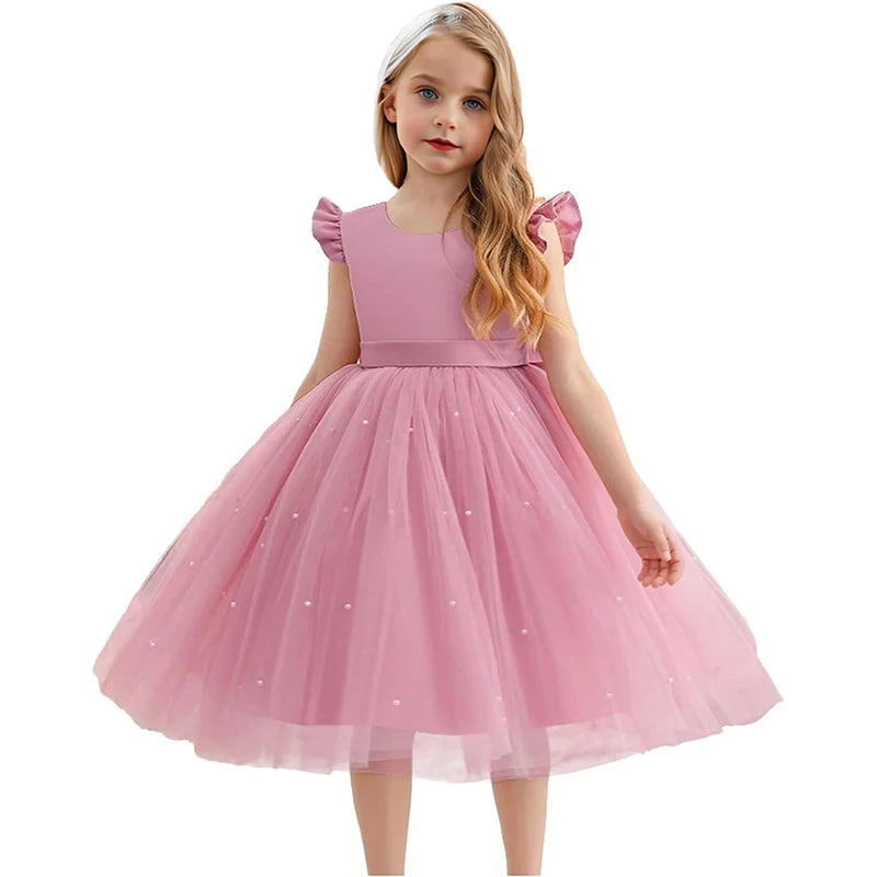 Hello Kitty Girls Pearls Dress – Elegant Princess Wedding Gown, Tulle Birthday Party Dress for Children 3-7Y