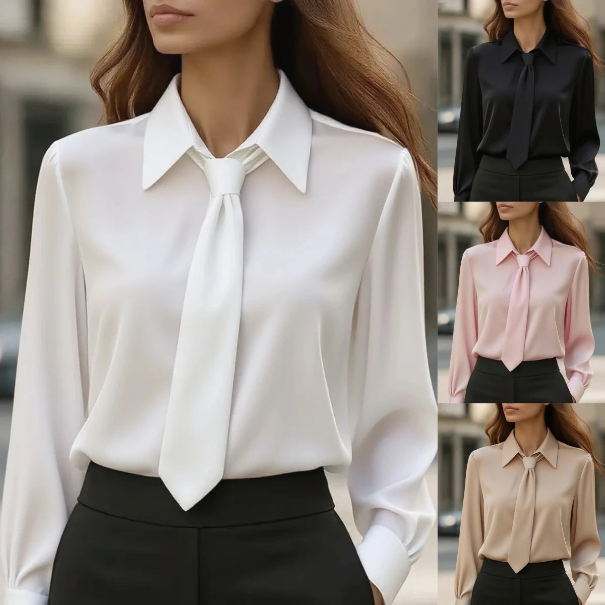 Women’s Elegant Satin Work Shirt – Plain Modern Casual Long Sleeve Collared Top for Office & Daily Wear ✨👚