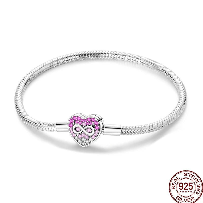 925 Sterling Silver Heart Moon Sun Clasp Charm Bracelet | 17–20CM Original Bracelet for Women | Fits Pandora DIY Beads Jewelry