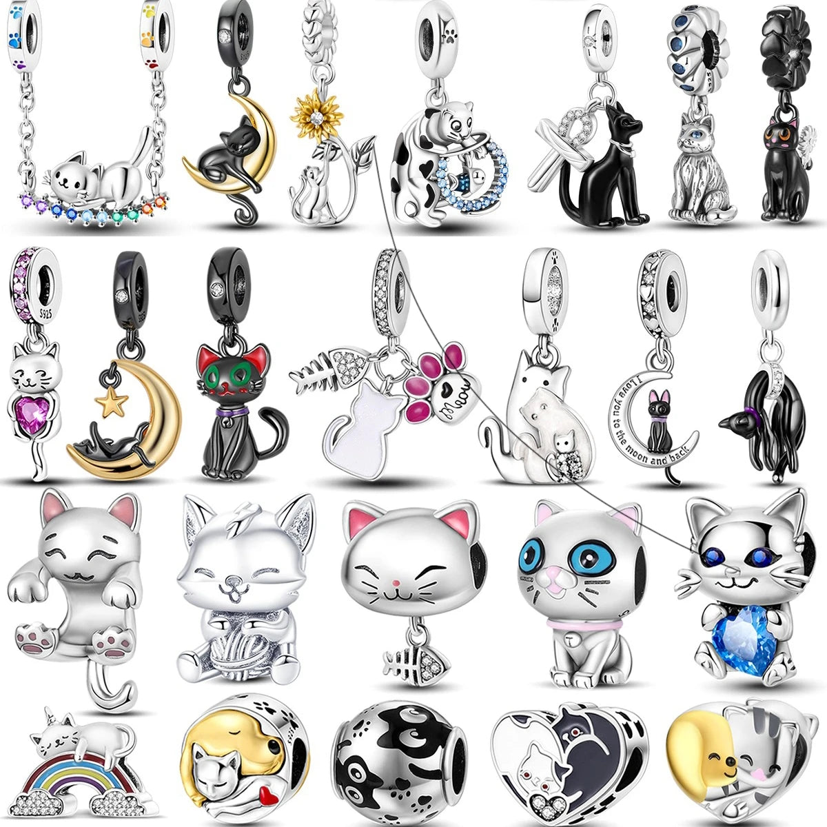 Cat Collection 925 Sterling Silver Charms Bead | Persian Bell & Multifarious Cat Dangle Fit Pandora Bracelet Necklace DIY Jewelry