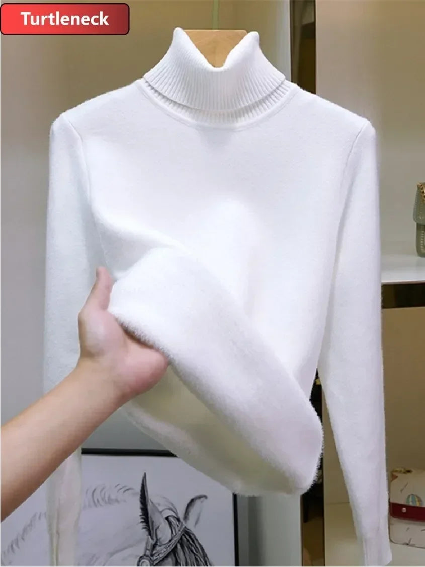 Women Winter Thicken Turtleneck Sweater – Slim Knit Plush Velvet Lined Warm Pullover Jumper
