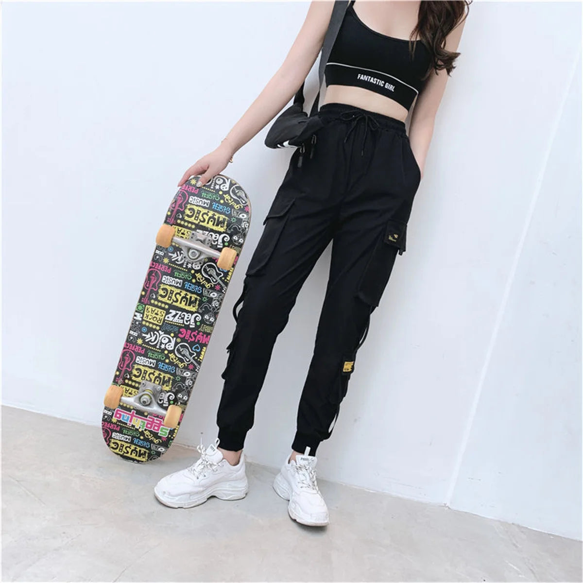 Black Cargo Pants for Women | High Waist Loose Joggers | Korean Hip Hop Streetwear Trousers