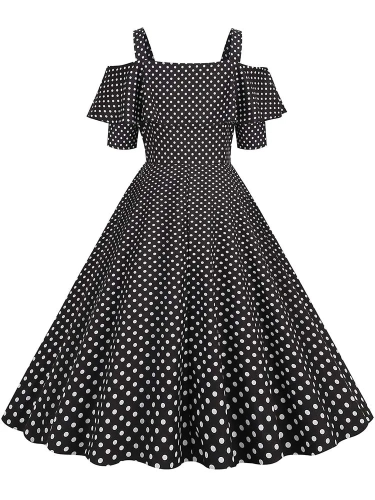 Off-Shoulder Elegant Vintage Party Dress – Women’s Summer Polka Dot Ruffles A-Line Midi Dress