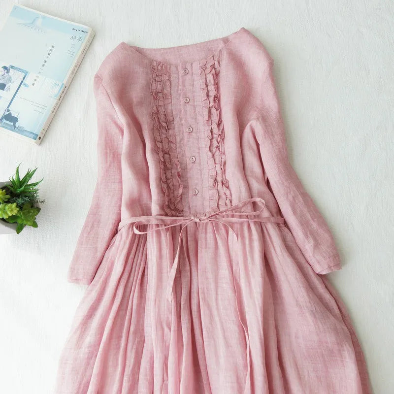 Japanese Style Women’s Long Sleeve Cotton Linen Dress | Wooden Ear Design Loose A-Line Skirt with Waist Belt