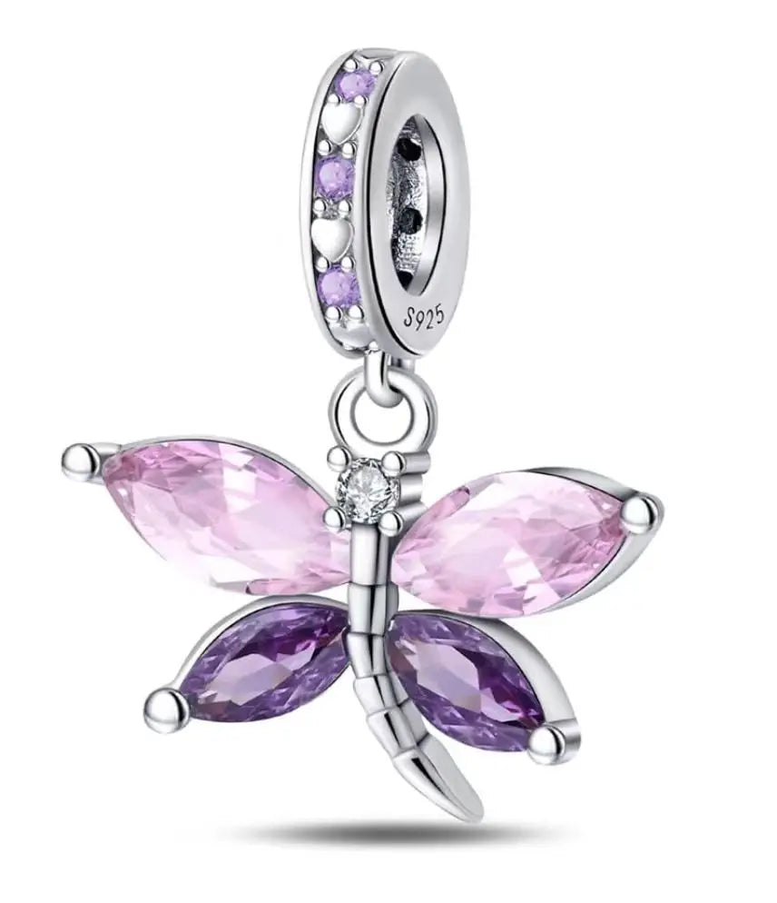 925 Sterling Silver Blue Series Charm | Dragonfly, Butterfly, Bird & Pansy Flower Pendant for 4MM Bracelet