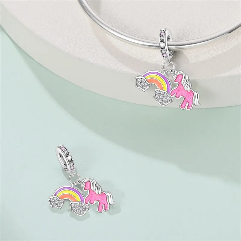 925 Silver Plated Magic Mirror Princess Angel Pink Charm Beads | Fits Original Pan 925 Bracelet | Exquisite DIY Jewelry