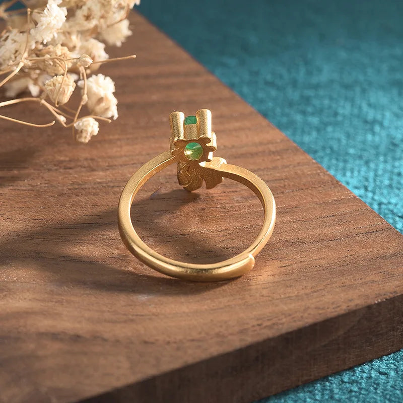 PANJBJ 925 Sterling Silver Hotan Jade Geometric Adjustable Ring | Retro Delicate Jewelry Gift for Women