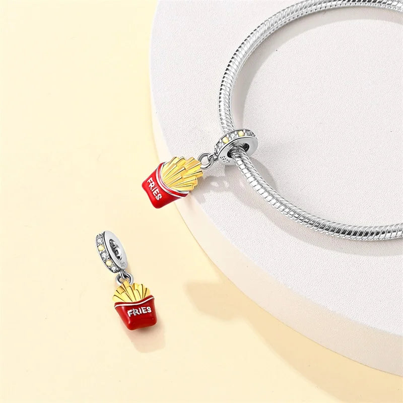 925 Sterling Silver Dessert Afternoon Tea Charm – Coffee, Cake, Pizza & Fries Beads Fit Original Pandora Bracelet DIY Jewelry