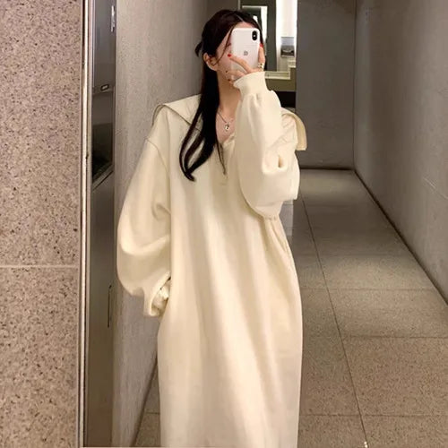 Women’s Winter Collar Zip Dress – Loose Lazy Long Sleeve H-Line Polyester Dress with Zipper, Commute Casual Wear