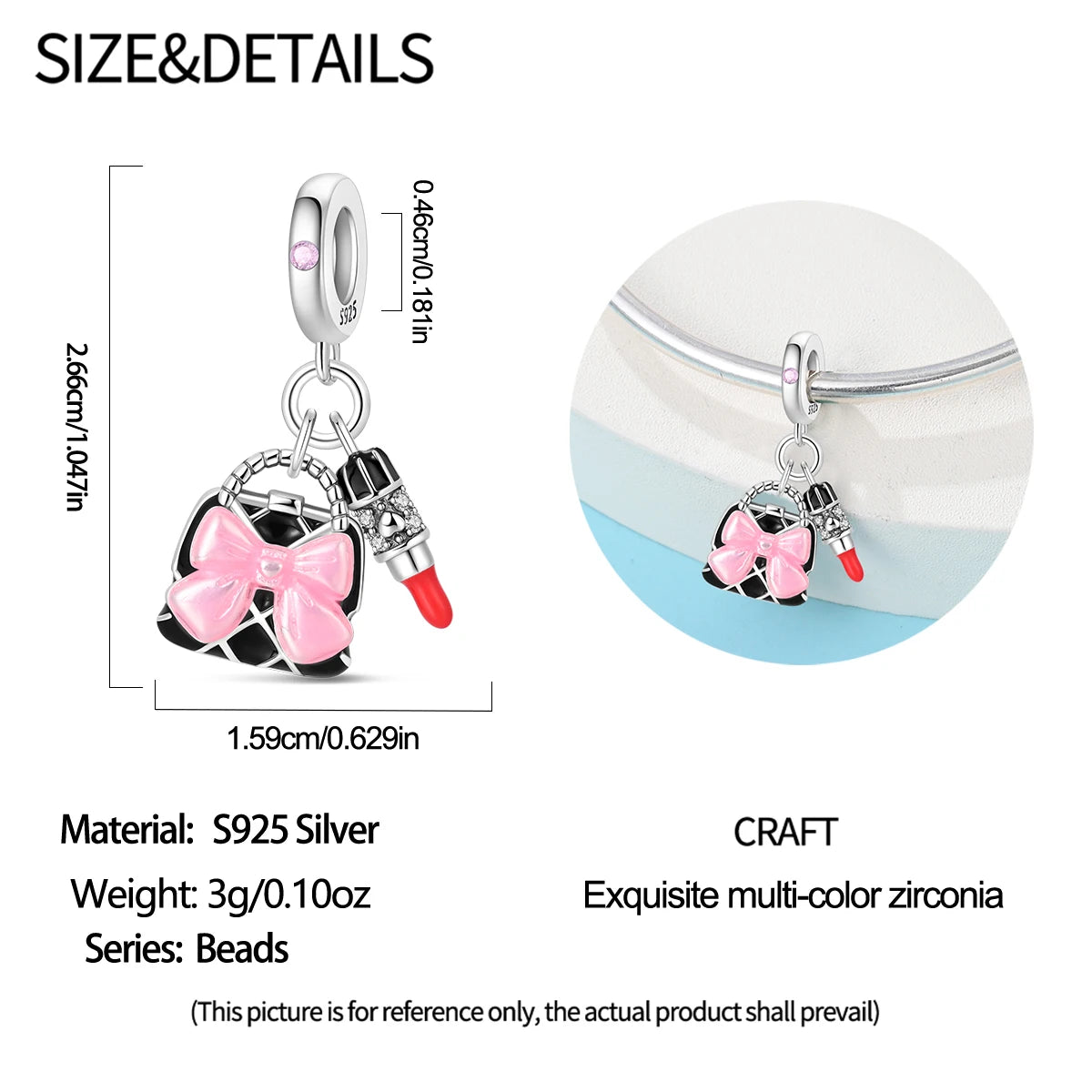 Romantic Pink Flowers 925 Sterling Silver Charms | Bag Lipstick Heart Bow Rose Bead Fit Original Bracelet DIY Jewelry Gift