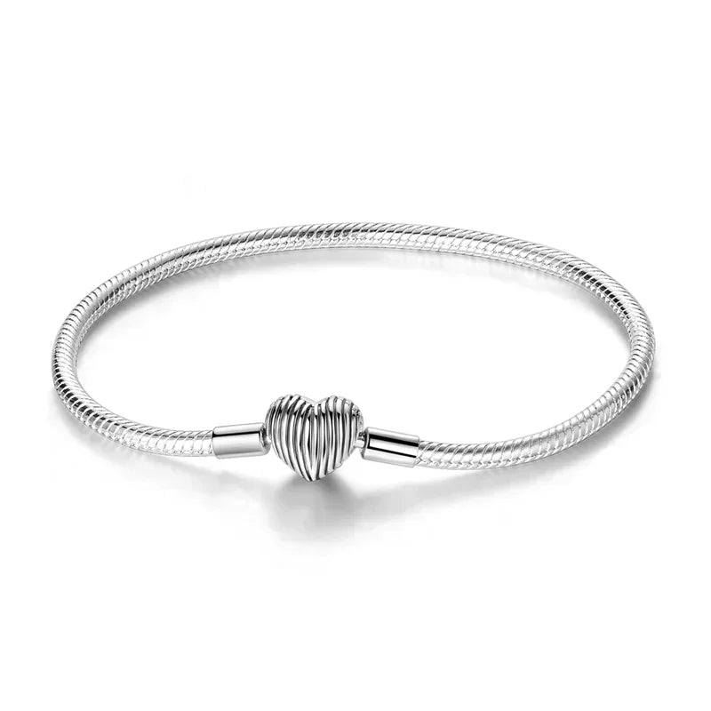 925 Sterling Silver Heart & Star Moon Bracelet | Pave Zirconia Snake Chain, Cat Claw Love Bangle for DIY Jewelry