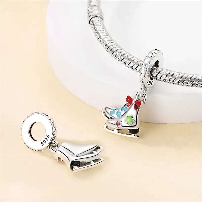 925 Silver Disney Christmas Charm Trio – Mickey Wreath & Minnie Ice Skating Bead for S925 Bracelet