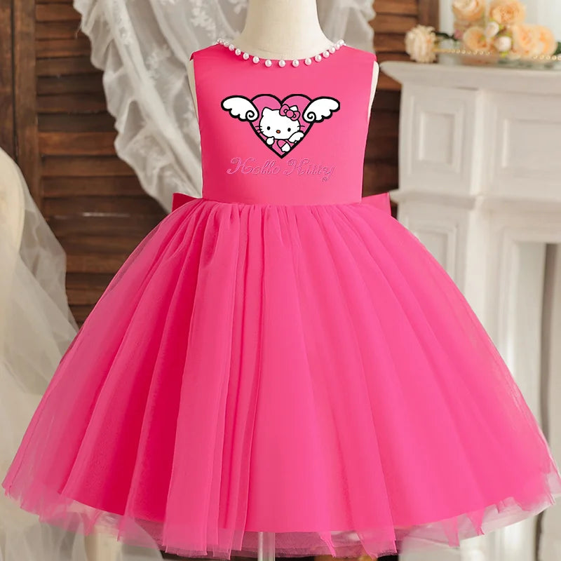 Hello Kitty Kids Pearls Elegant Princess Dress for Girls Backless Bow Baby 1st Birthday Baptism Tutu Gown Wedding Dress