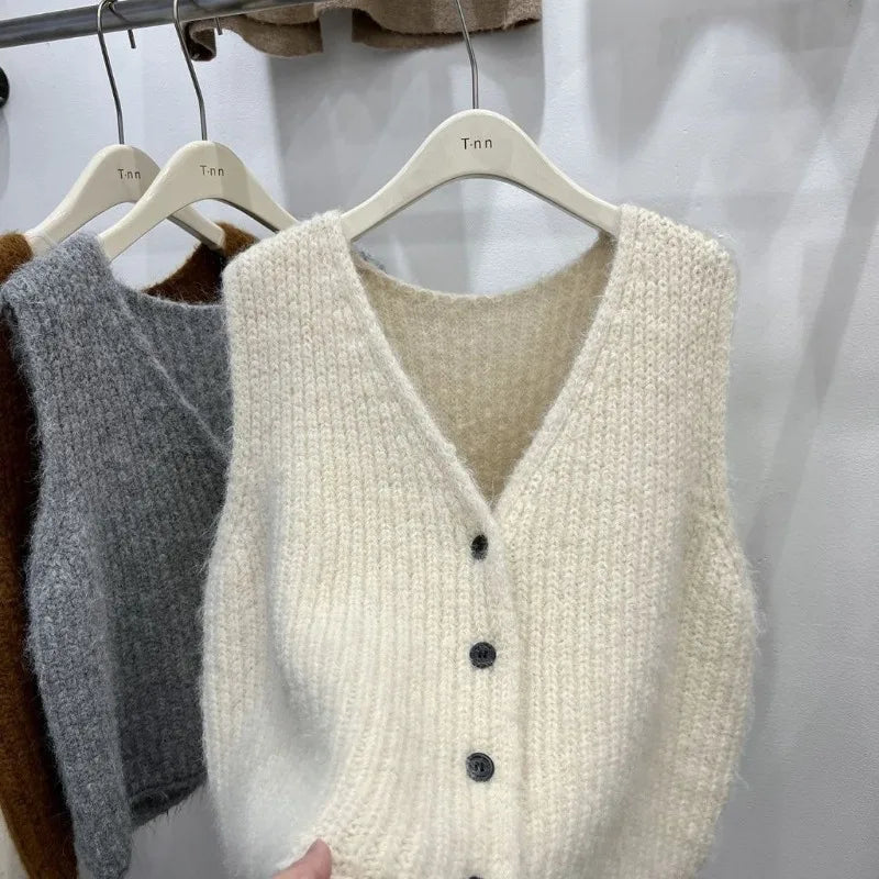 2025 Women’s V-Neck Wool Vest | Grey Loose Knit Cardigan | Autumn Winter Thick Sweater Fashion