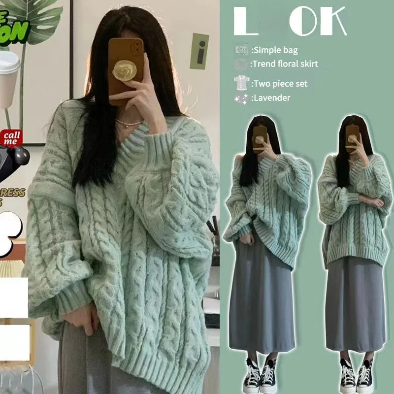 Women’s V-Neck Twisted Knit Sweater – Loose Autumn Winter Outerwear | Lazy Sleeve Soft Knitted Long Sleeve Top
