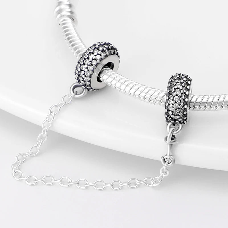 925 Sterling Silver Silicone Spacer Beads & Safety Chain | Clasp Charms Fit Original Pandora 3mm Bracelet – Women’s Jewelry