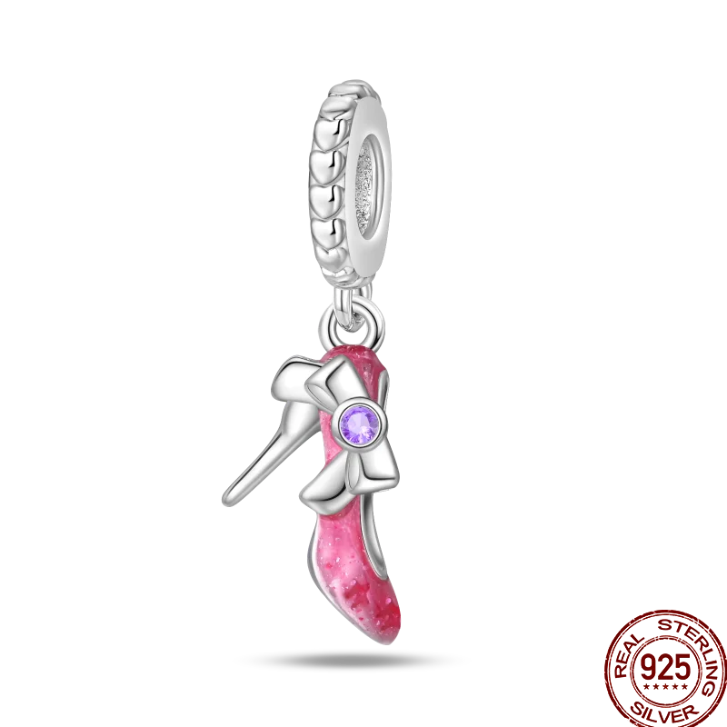 925 Sterling Silver Romantic Princess Charm Beads – Pink Dress, Lipstick & Dancing Shoes Fit 3MM Bracelet