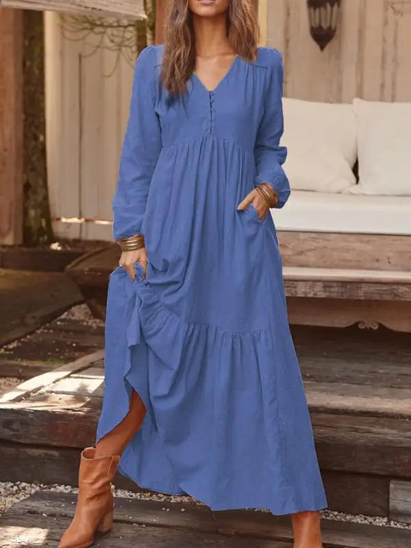 New Autumn Winter Women’s Long Dress – Retro V-Neck Button Long Sleeve Cotton Dress | Wide Swing Casual Fashion