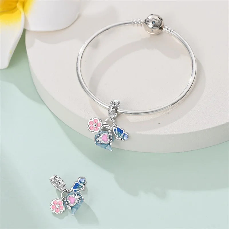 925 Sterling Silver Blue Zircon Ocean Shell Beaded Pendant | Fit Original 3mm Bracelet Women’s Fine Jewelry