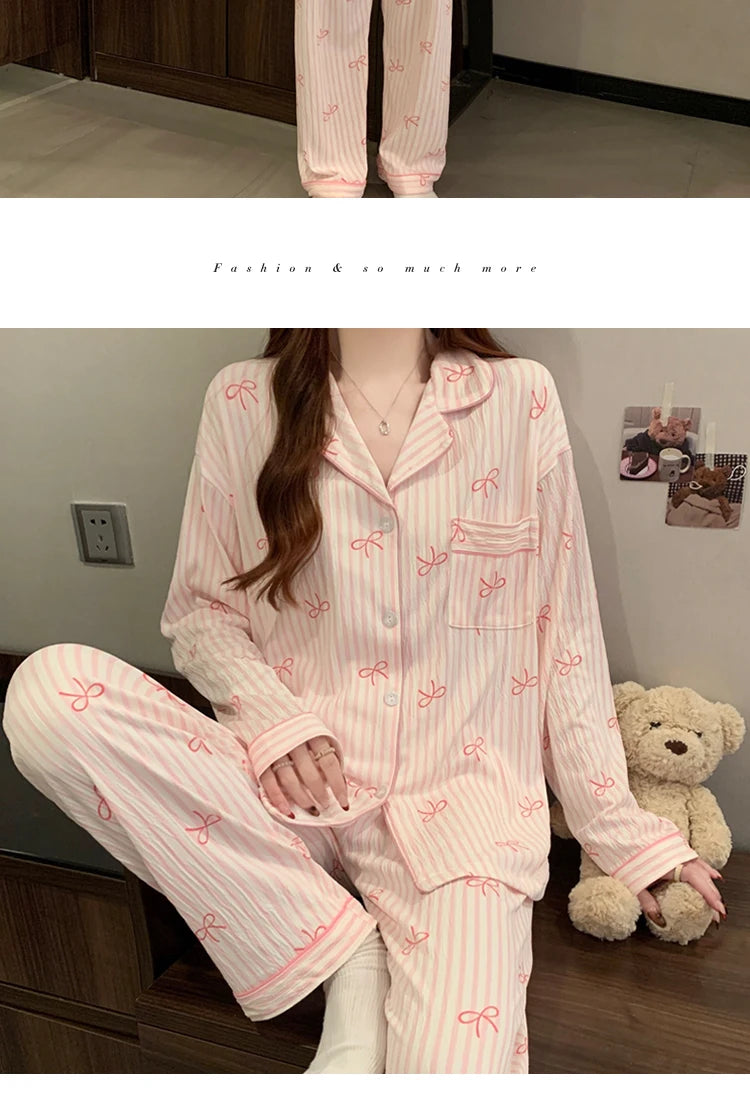 🌸 Pink Bow Pajamas Set for Women 💖 Long Sleeve Top & Elastic Waist Pants 🛌 Harajuku Style Casual Home Wear
