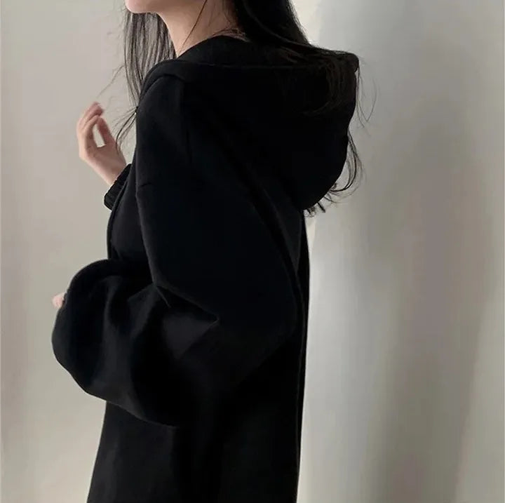 Chic Winter College Long Hoodie Dress ❄️ Lazy Fleece A-Line Side Slit Dress 👗 Pure Color Polyester Fiber 🧵