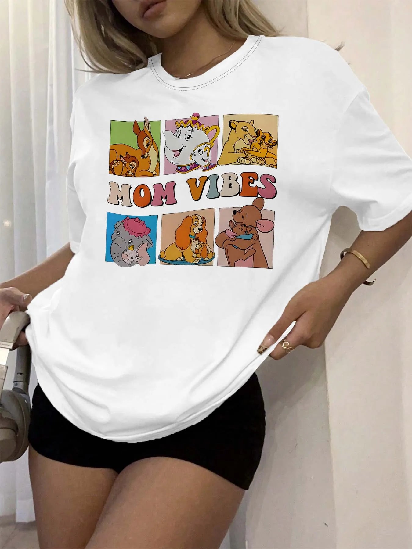 Plus Size Mom Vibes T-Shirt 🌸 Cartoon Graphic Casual Tee Women ✨