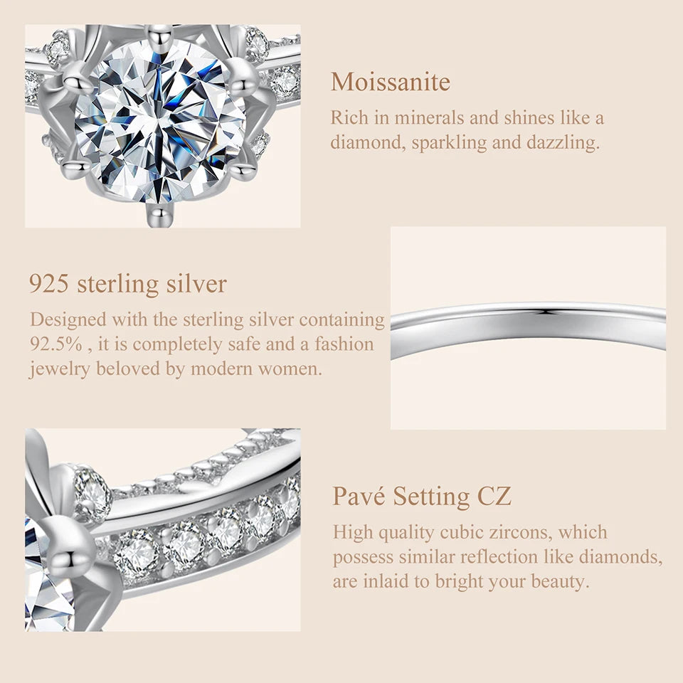 BAMOER 1ct D Color VVS1 Moissanite Flower Ring – 925 Sterling Silver Solitaire Engagement Ring for Women